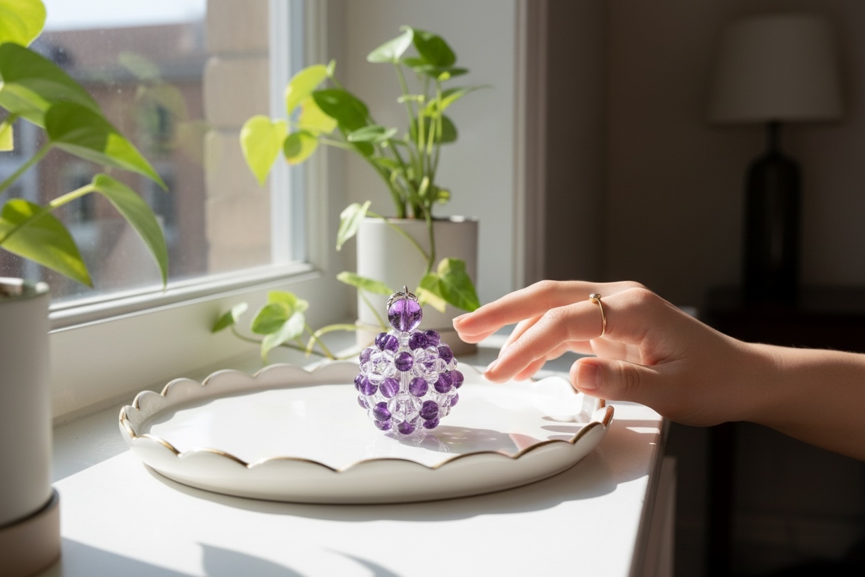 水晶入りビーズボールキーホルダー（パープル）