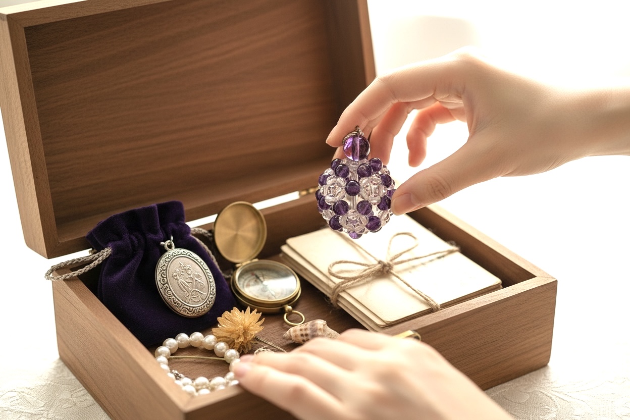 水晶入りビーズボールキーホルダー（パープル）